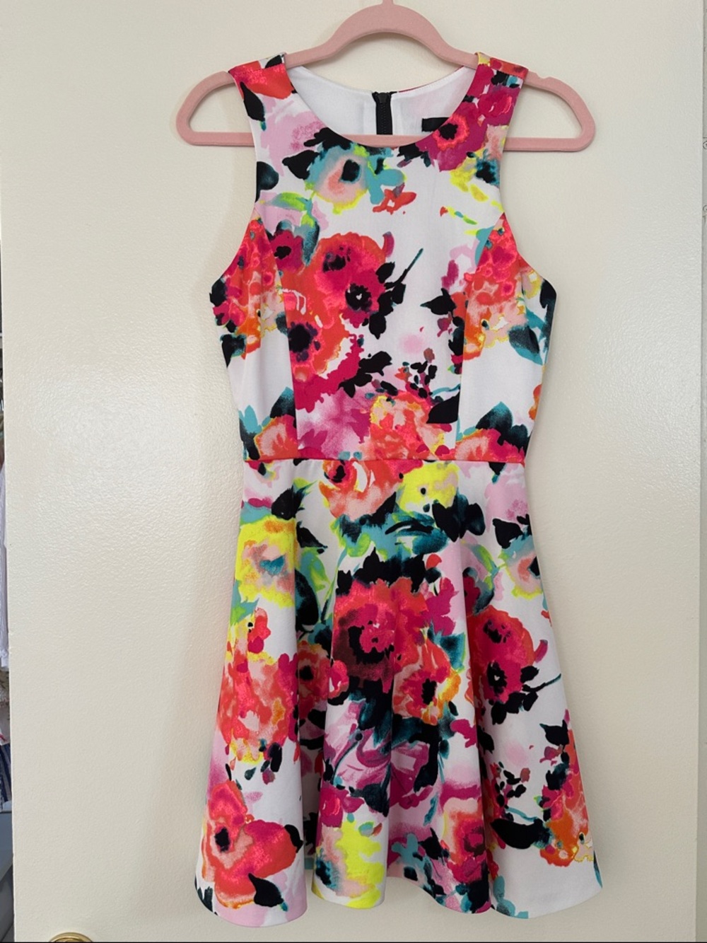 Aqua White Midi Dress with Pink, Yellow & Teal Floral Print